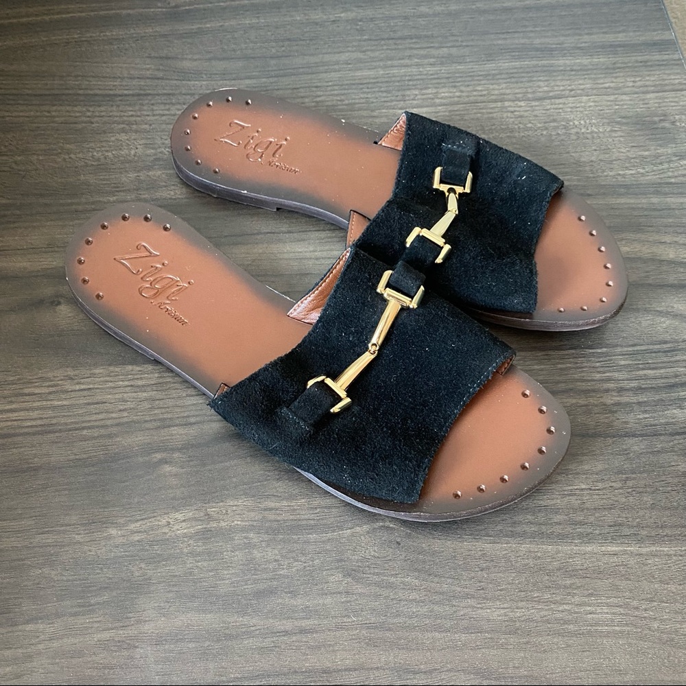 Zigi Black Suede Slide with Gold Buckle